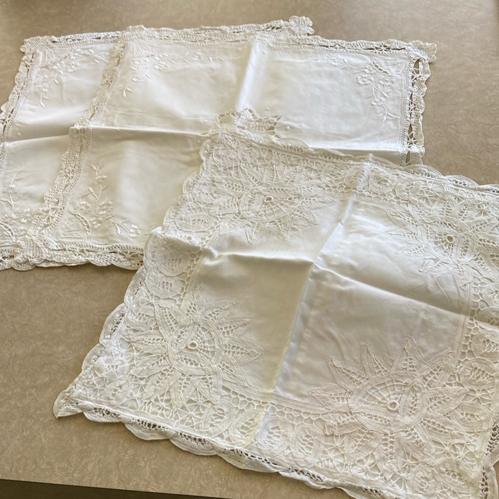 3 Cotton vintage Battenberg pillow covers, white